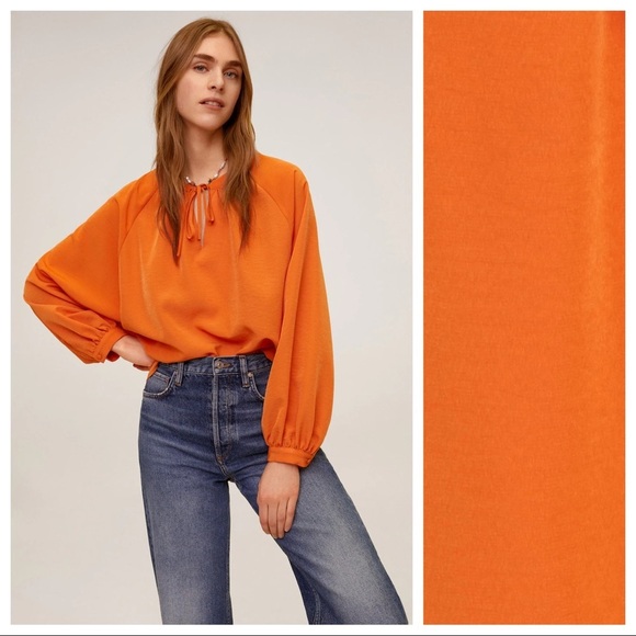 Mango Tops - NWOT. Mango Orange Puff Sleeves Blouse with V-neckline. Size 10.